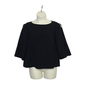 Lafayette 148 Womens Black Top SZ Medium Cold Shoulder Slit Sleeve Shirt Blouse